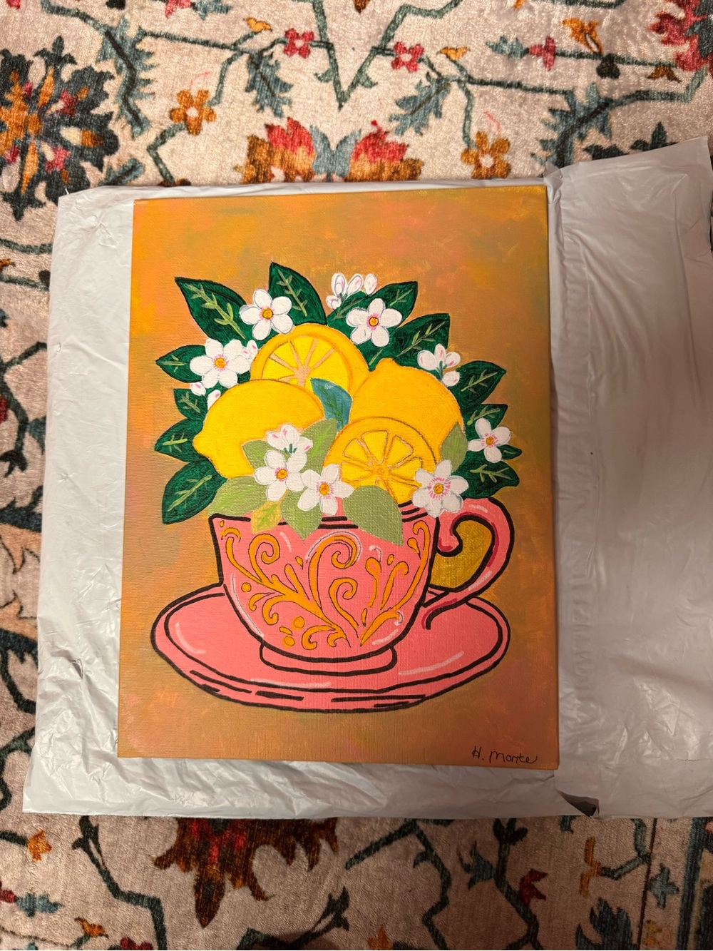 Bright Lemon Bouquet in Pink Teacup Wall Art